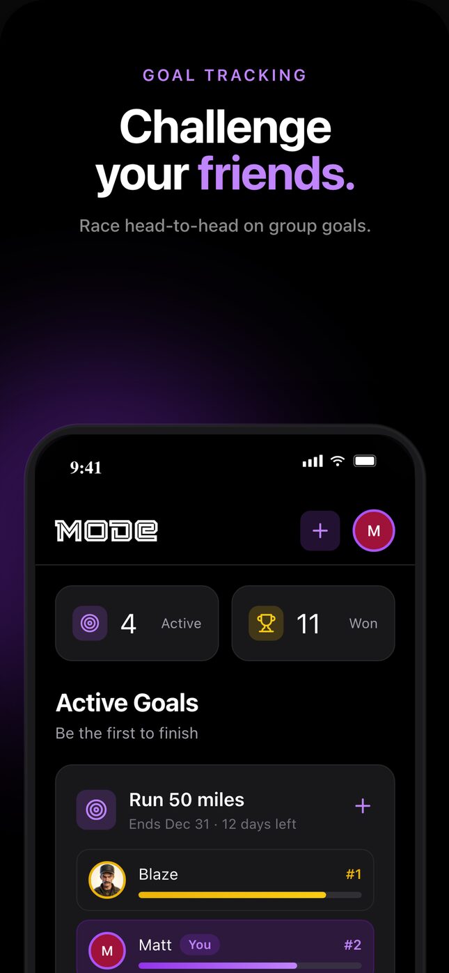 Mode home screen showing active goals and a race against Blaze to run 50 miles