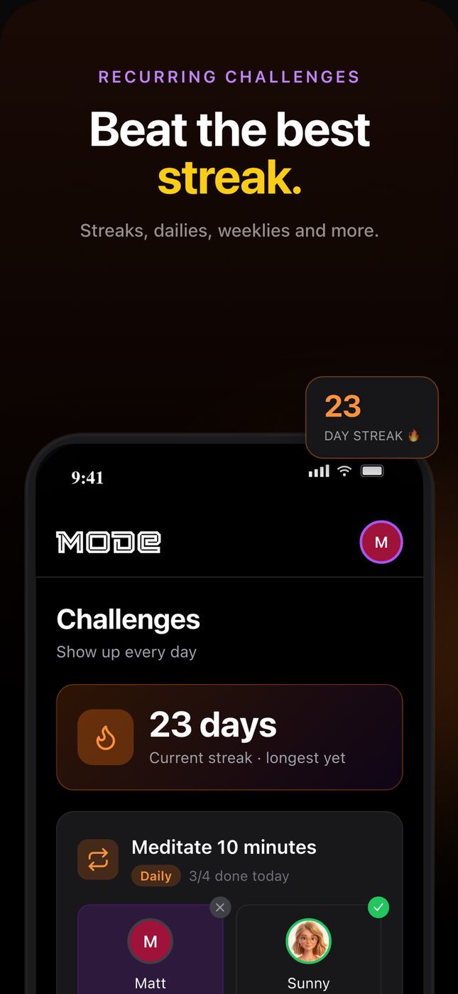 Recurring challenges screen with a 23-day streak and a daily meditation goal
